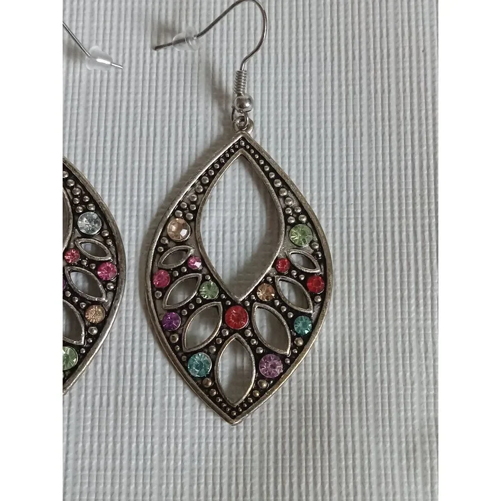 Silver Toned Metal Multicolored Colorful Rhinestones Dangle Statement Earrings